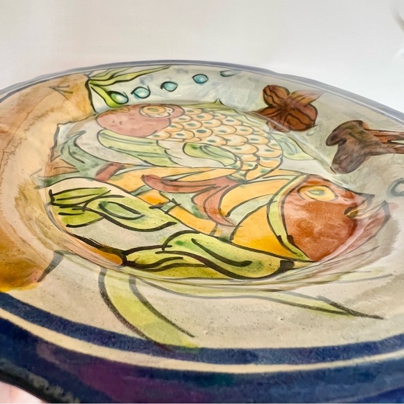 Vintage Signed 70’s Mexican Pottery Platter,  Red Clay, Hand Painted, Fish Beach - Picture 6 of 12